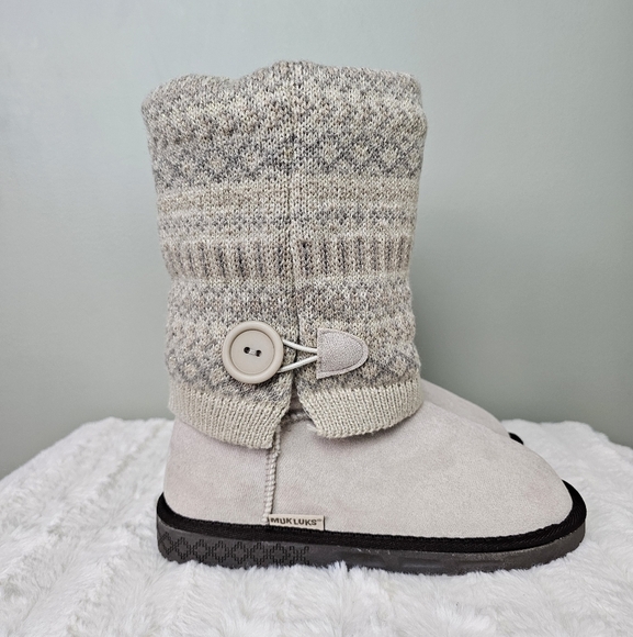 MUK LUKS Women's Janie Cozy Sweater Boot in Stone Lurex Print sz 7 - Picture 3 of 12